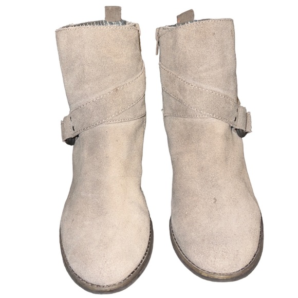 lucky brand yarek taupe tan suede wedge booties with buckle - Picture 5 of 7